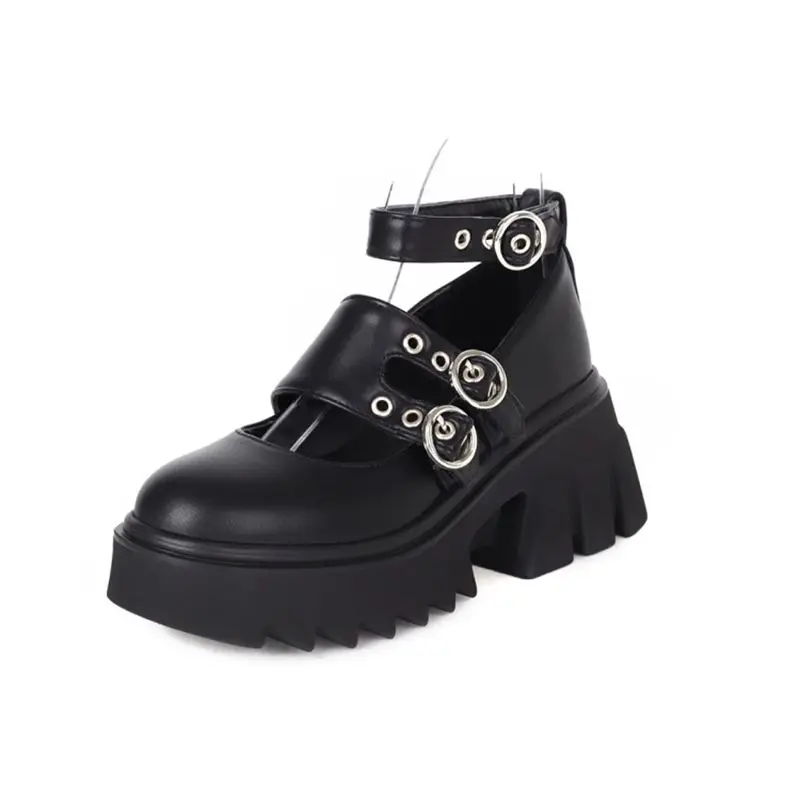 

Gothic Style High Heels Black Big Size 43 Buckle Straps Platform Round Toe Women Pumps Punk Shoes 2021New Female Fashion