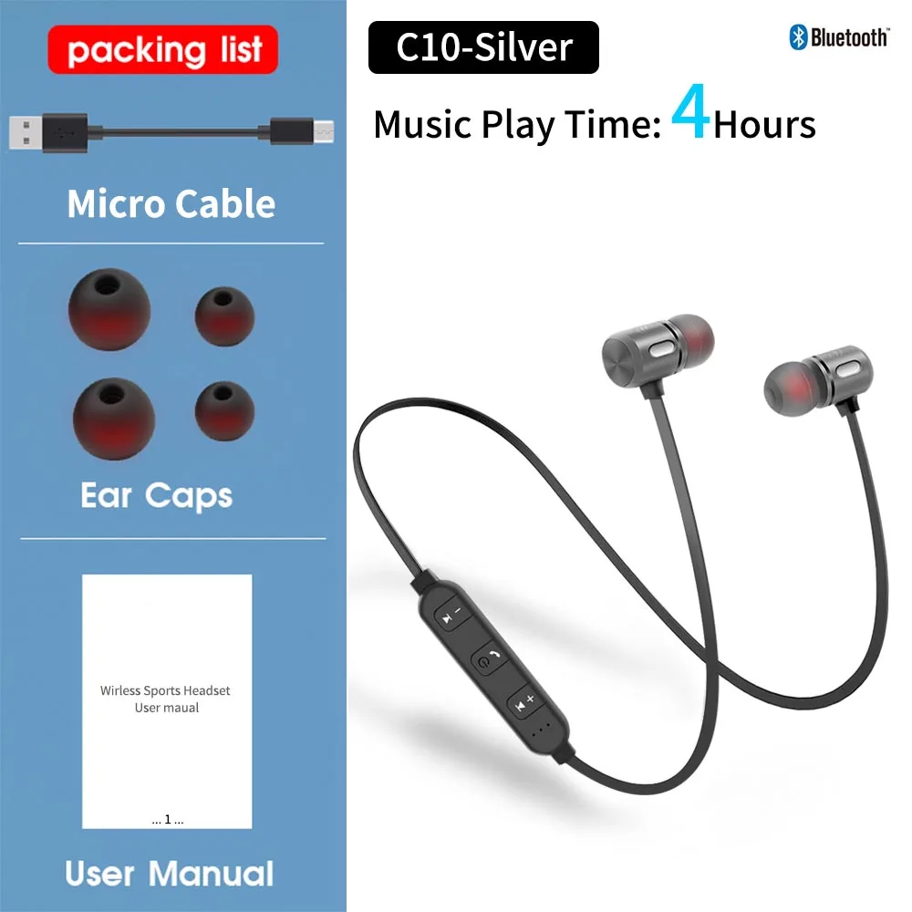 FBYEG, C10 BC10 беспроводные Bluetooth наушники, стерео наушники, Спортивная Bluetooth гарнитура, наушники, магнитный наушник с микрофоном для телефона - Цвет: C10-Silver-4h