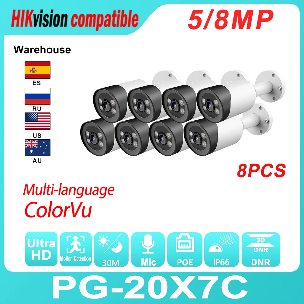 

Совместимая с Hikvision IP Bullet камера 8 шт. ColorVu PoE 5 Мп Встроенный микрофон H.265 ИК 30 М камера видеонаблюдения с датчиком движения