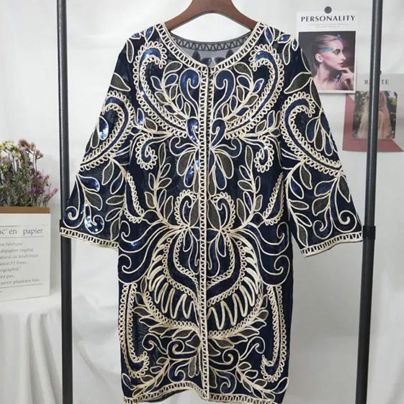 Женский кружевной кардиган с блестками синий длинный свободный кимоно верхняя