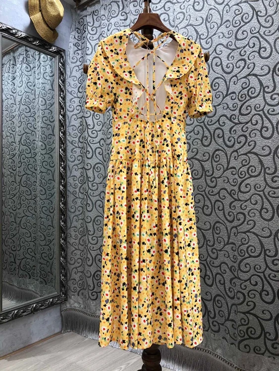 

2021 spring and summer new women's fashion Lapel small floral pattern decoration waist short sleeve long dress 324