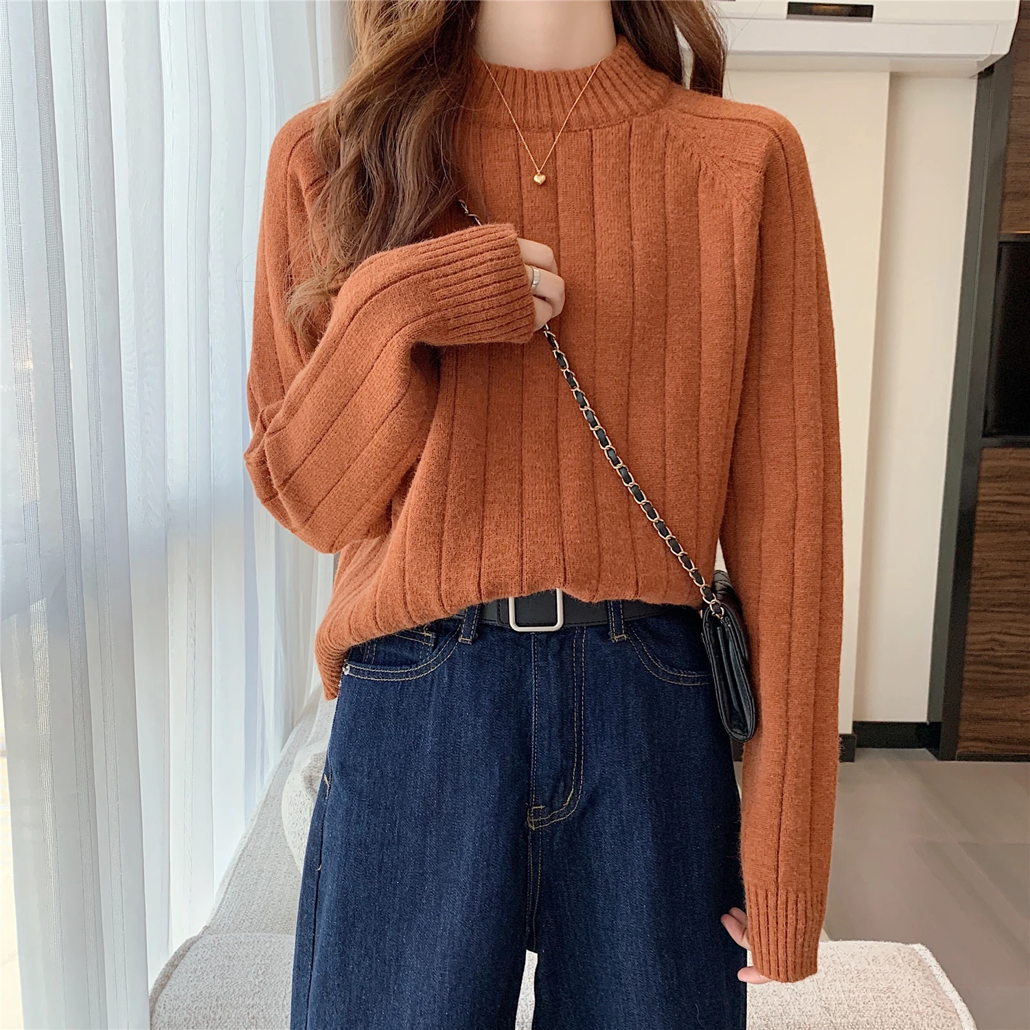 

Half Turtleneck Pullover Bottoming Sweater Women's Korean-Style Loose Outer Wear Idle Style Thick Inner Solid Color Long Sleeve