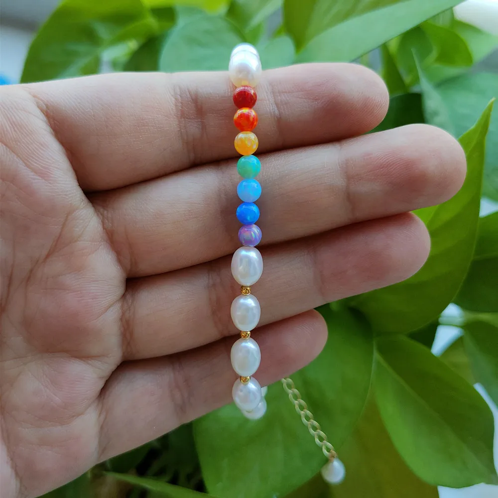 (1pc/lot)Rainbow colors 4mm Opal Bead with Pearl Bracelet 925 Silver Gold 7 opal Round Balls Synthetic Bracelets gift - купить по