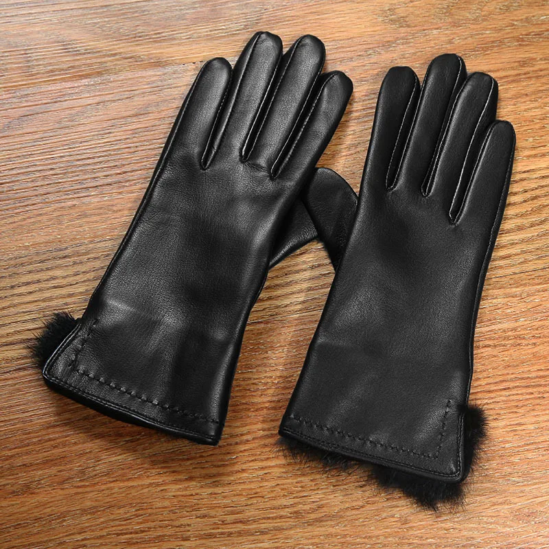Genuine Leather Women's Gloves Autumn Winter Thermal Plush Lined Wrist Rabbit Hair Black Sheepskin Female L6124-2 | Аксессуары для