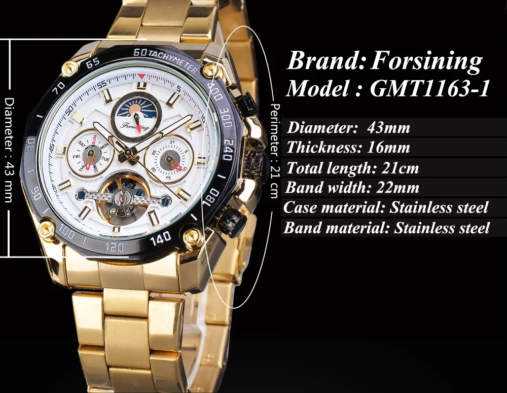Forsining Классические Золотые Tourbillon механические часы Мужские автоматические Moonphase календари ремни из нержавеющей стали часы Reloj Hombre