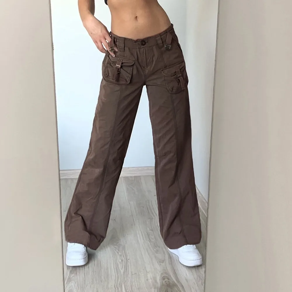 

Woman Low Waist Cargo Pants Vintage New Jeans Woman Pockets Streetwear Preppy Style Straight Girl Denim Trousers New 2021