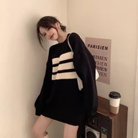 black round neck sweater womens new loose loose outer wear lazy wind autumn and winter all match thin tops clothes women