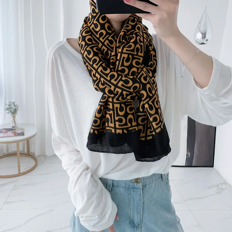 

2020 Luxury Brand Women Cotton Scarf Autumn Winter Geometric Silk Scarves Vintage Shawls 85*180CM Lady Wraps Soft Echarpe Female