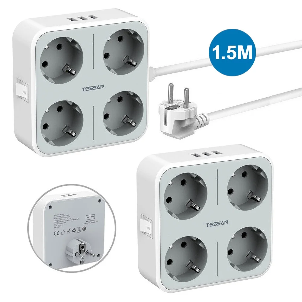 

TESSAN Compact Size EU Plug Multi Outlets Socket Power Strip with 4 Outlets 3 USB Ports On/Off Swtich 110~250V 3600W