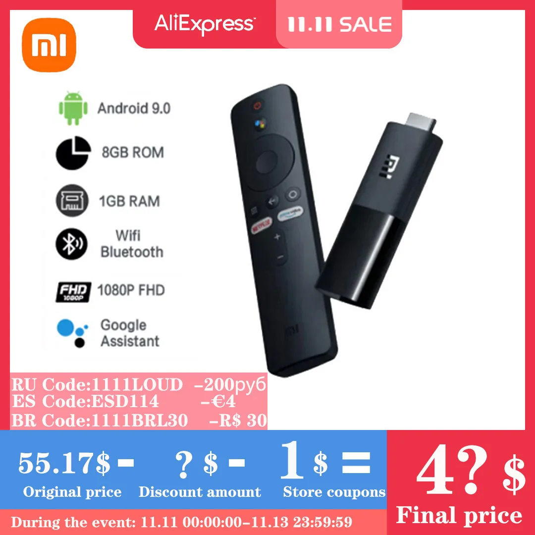 Глобальная версия Xiaomi Mi TV Stick Android 9 0 четырехъядерный 1080P Dolby DTS HD Двойное