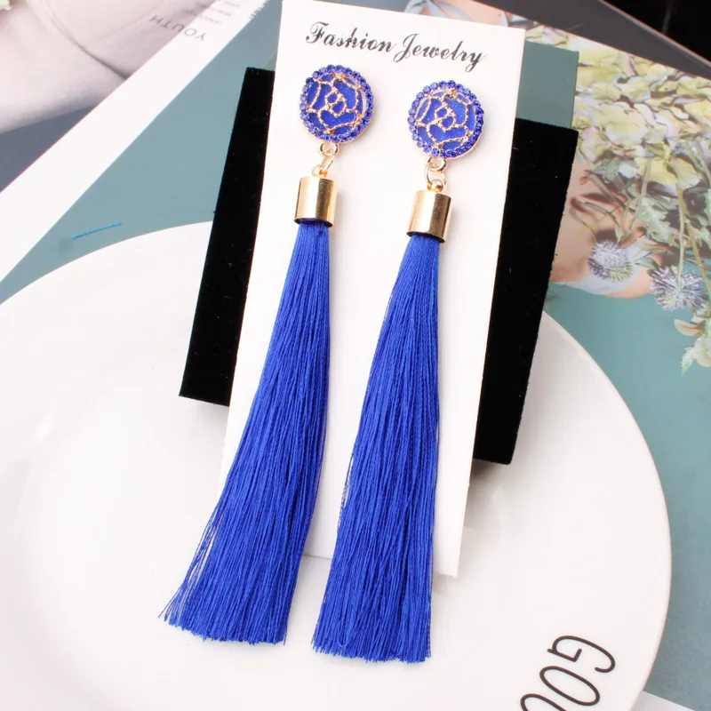

Bohemian Crystal Tassel Earrings Black White Blue Red Pink Silk Fabric Long Drop Dangle Tassel Earrings For Women Jewelry