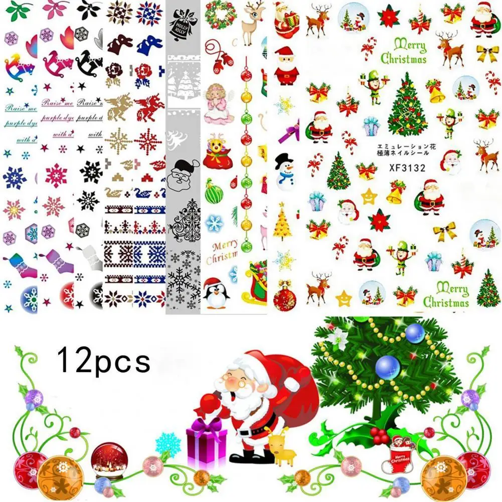 

Наклейки для ногтей с 3D-эффектами, 12 шт./компл., 2021 Рождественские узоры, красочные, Санта-Клаус, лось, снеговик, Переводные, для зимы