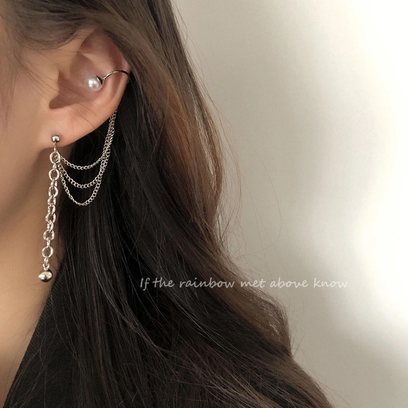 

Korean Fashion Pearl Earcuff For Women Chain Design Fake Piercing Pearl Ear Cuffs Cute Girl Clip On earrings Punk Jewelry 2021