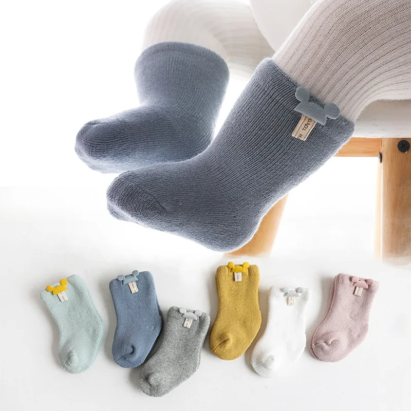 Oto&ntilde;o calcetines de beb&eacute; de invierno de algod&oacute;n grueso c&aacute;lido dise&ntilde;o de rat&oacute;n medias de Color s&oacute;lido para beb&eacute; ni&ntilde;o Calcetines 0-3Y-0