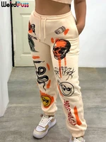 weird puss graffiti print hip hop pants women bandage baggy high waist long trousers cotton streetwear casual sweatpants bottoms