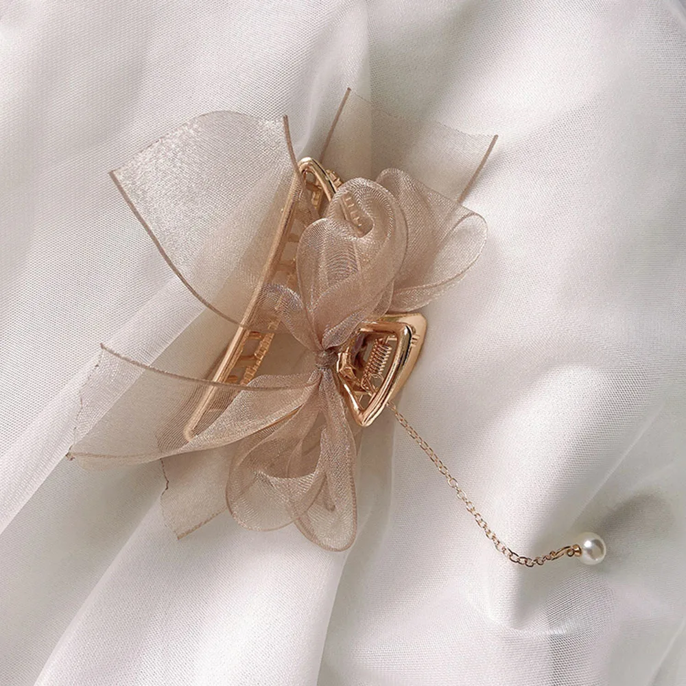 

Women Girls Geometric Net Yarn Bow Alloy Hair Claws And Clips Large Shark Hair Clip Clamp Pearl Pendant Hair Accessories Gifts
