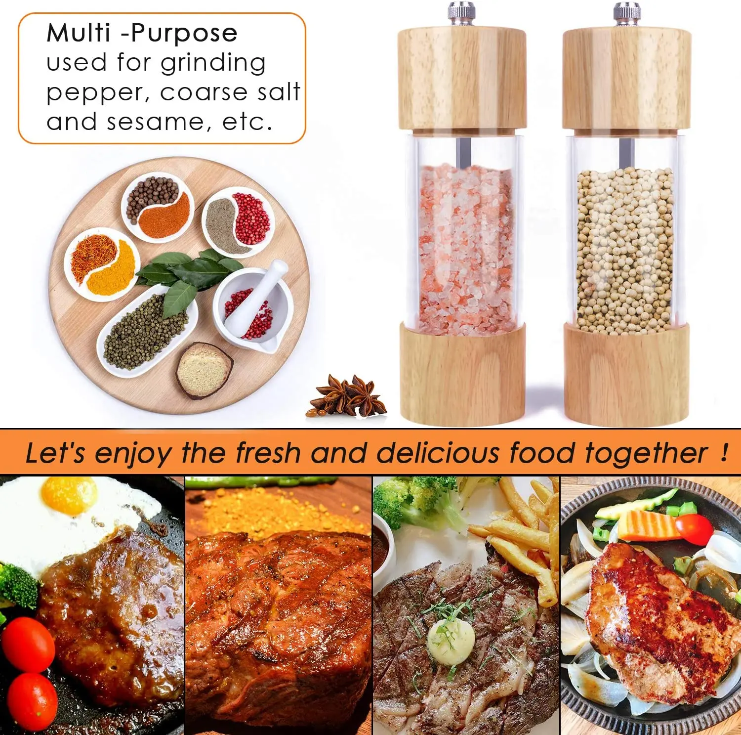 

Wooden Salt and Pepper Grinder Set, Manual Salt and Pepper Mills with Acrylic Visible Window and Cleaning Brush, 2 Pack