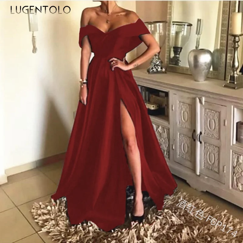 

Lugentolo Women Dress Party New Dinner Dress Sexy High Fork Solid Slim-fit Big Swing Plus Size 5XL Female Elegant Maxi Dress