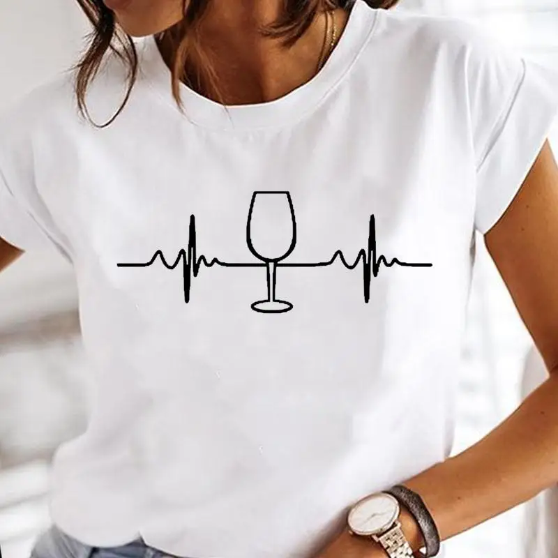 

Women Wine Love Trend Style 90s Cartoon Print Short Sleeve Tops Graphic Tees Female Tshirt Fashion Clothes Lady T-Shirt