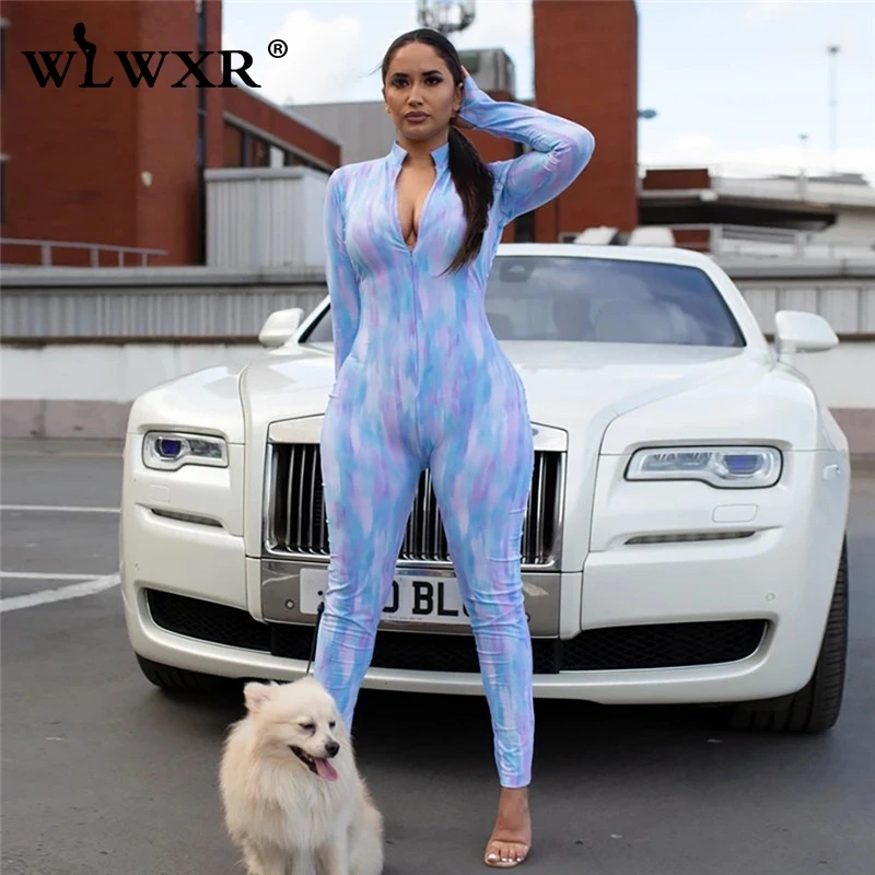 WLWXR Tie-dyed Print Zipper Ladies Long Sexy Bodycon Jumpsuit Women Sleeve Skinny Summer Rompers Womens Female | Женская одежда