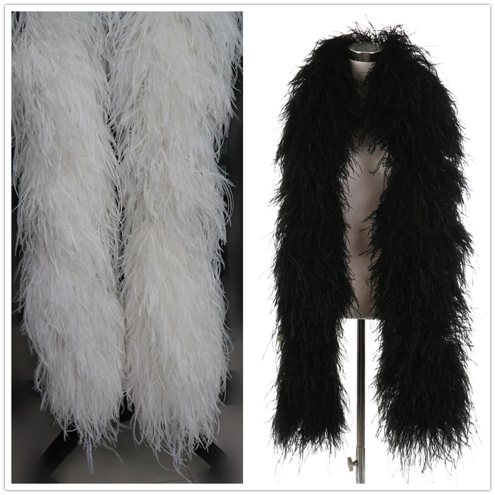 

Dyed White Black Ostrich Feather Boas 2meter Soft Feathers Shawl Ribbon for Wedding Dress Plumes Clothing Decoration Scarf 10ply