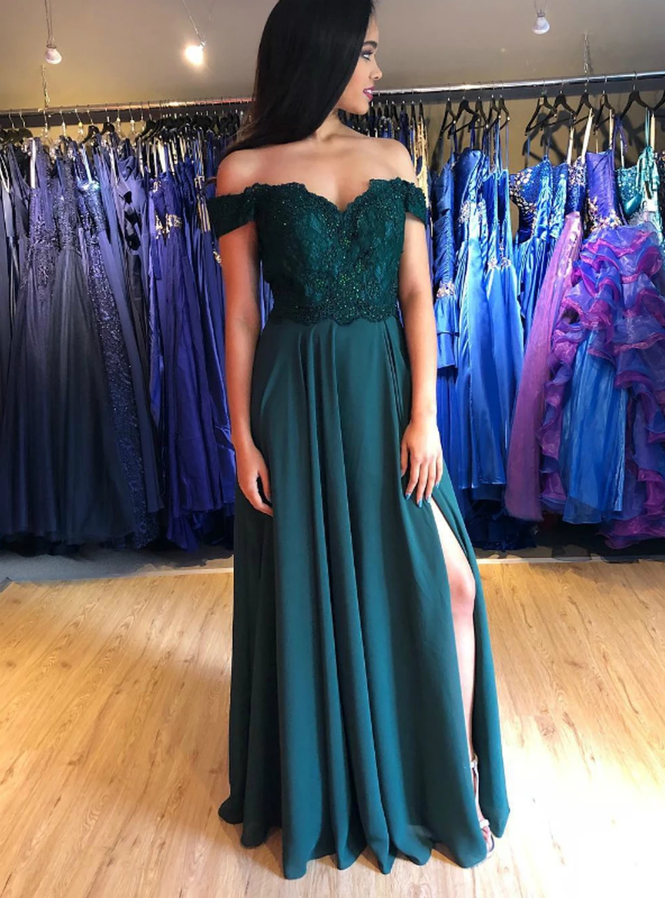 

VKbridal A-Line Green Satin Off the Shoulder Appliques Evening Dress With Side Split Sexy Formal Prom Party Gown