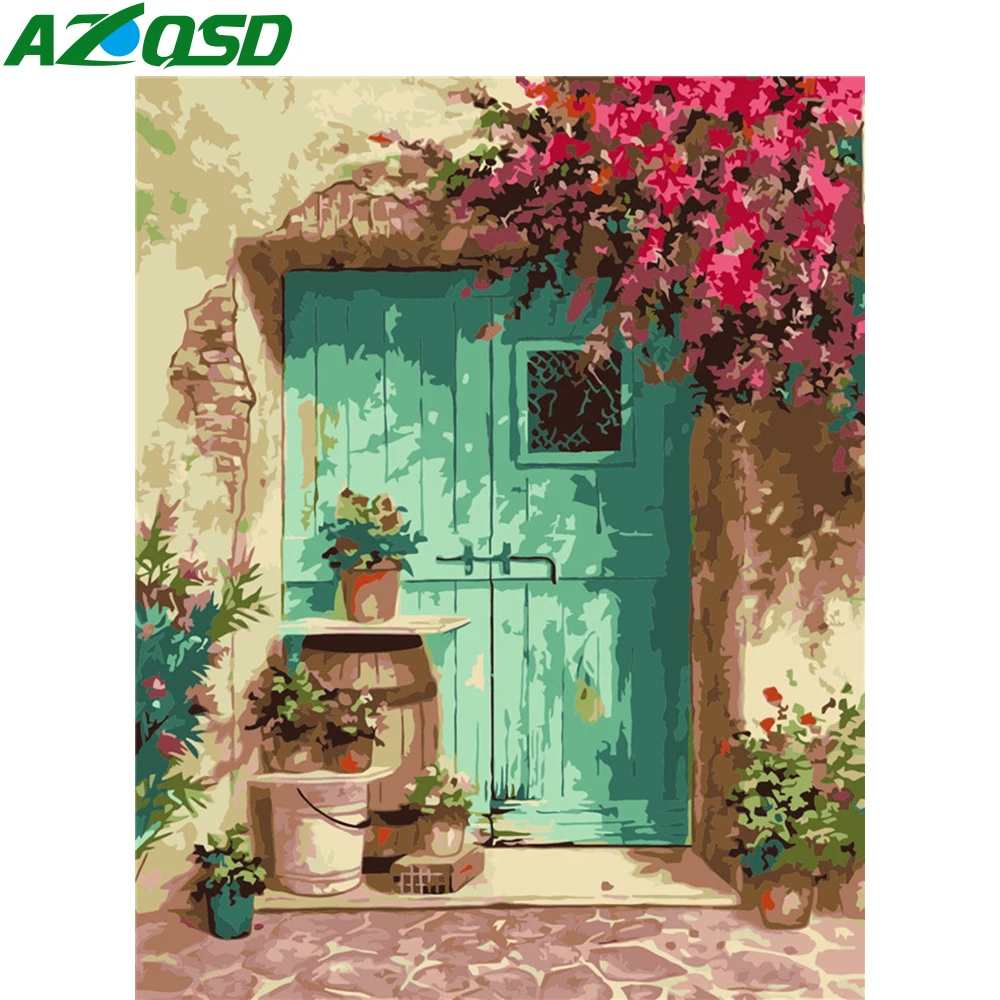 

Картина по номеру AZQSD, дверь с цветком, рисунок на холсте, искусство стен