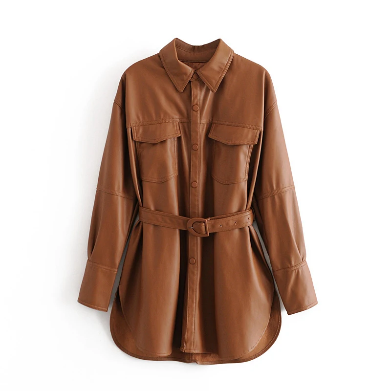 

Zoulv Casual with Sashes Long Sleeve Coat Tops Loose Outerwear Female 2021 New Women Fashion Black Vintage Faux Leather Jacket