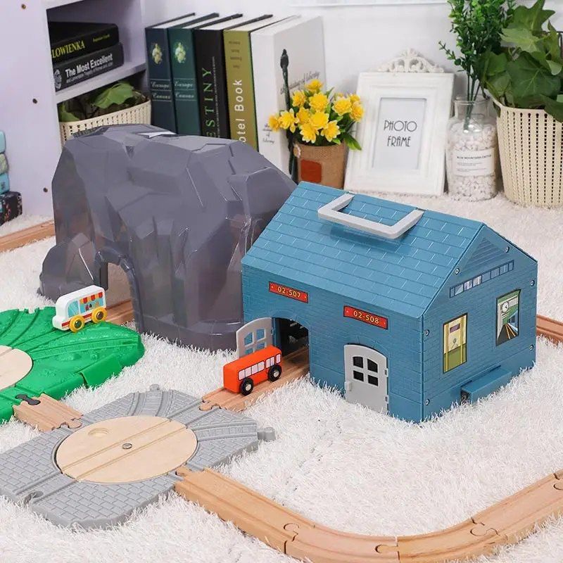 Фото Деревянный трек для поездов набор игрушек гараж парковочный туннель аксессуары