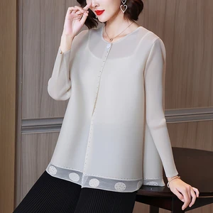 Tops Women Spring And Autumn Fashion Round Neck Single Button Loose Stretch Miyake Pleated Long Slee