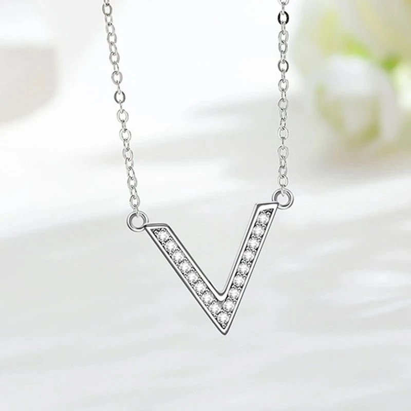 

925 Sterling Silver Cubic Zircon Letter V Shape Charm Pendent Necklace For Women Girls Clavicle Chain Wedding Birthday Gift