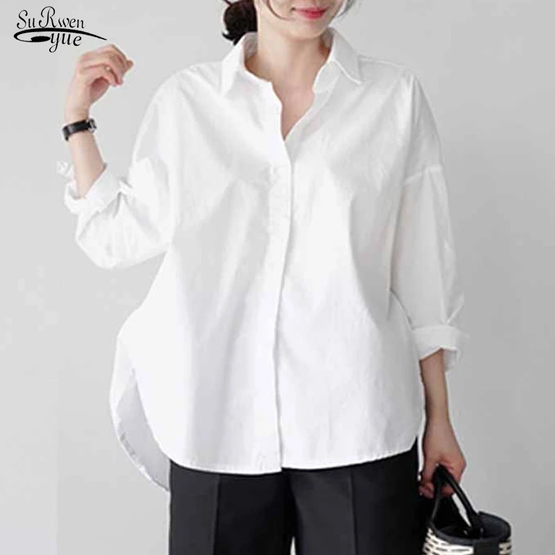 

Office Lady Basic Solid Blouse Women Autumn Korean Chic Style Cotton White Shirt Loose Side Split Casual Long Sleeve Tops 12650