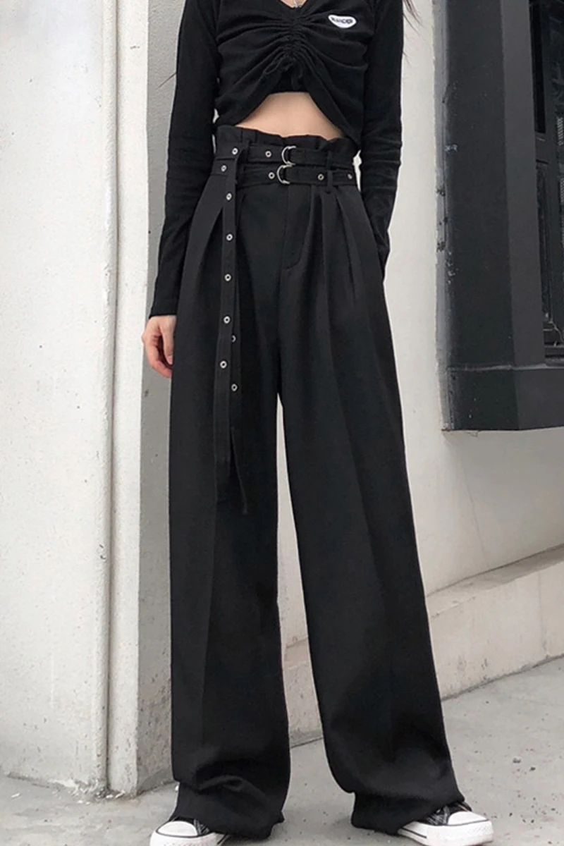 

Women's Casual Pants Summer Wide Leg Pants Loose Slimming Double Belt Straight Long Pants Punk Gothic Women Sporty Harem Pants