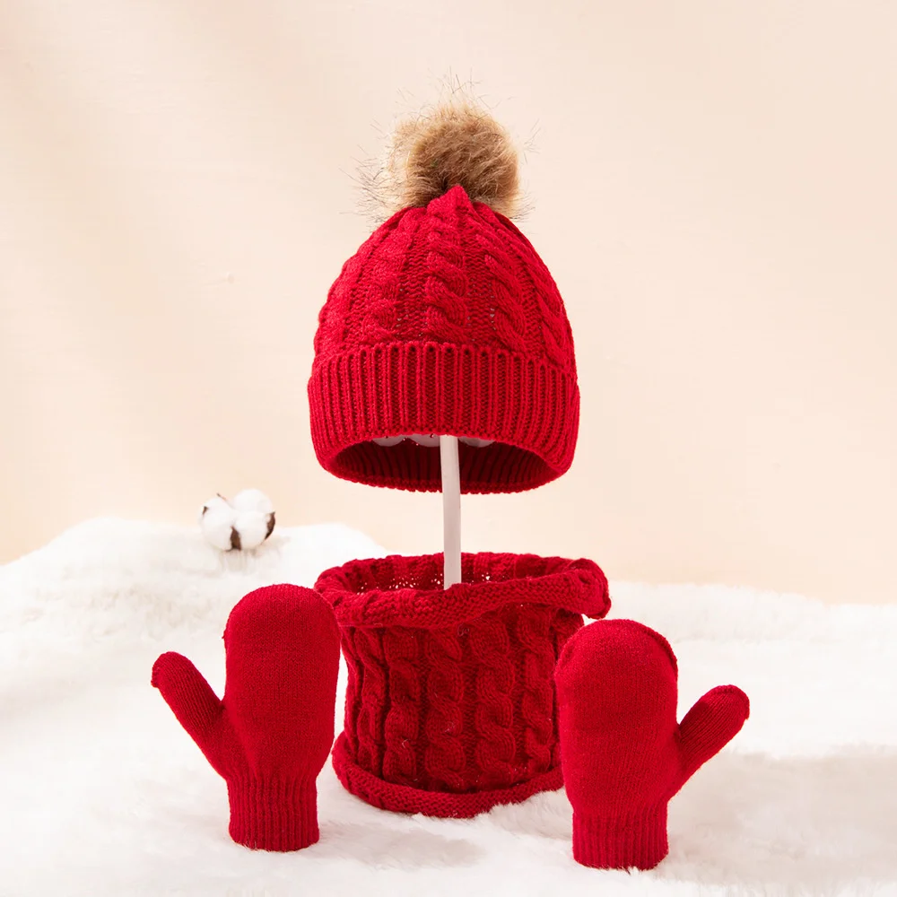 

2021 new pure color woolen warm children's Pompom Knit Hat scarves and gloves hat set baby hat