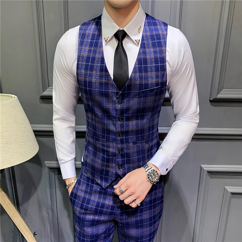 Костюм мужской Клетчатый облегающий Свадебный Дизайнерский жениха комплект из 3