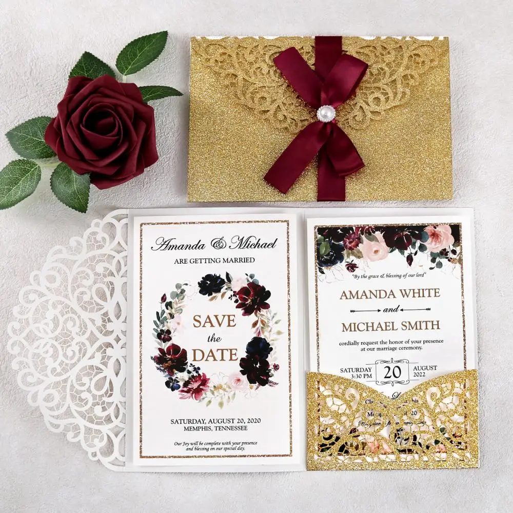 

50 шт. золотые блестящие свадебные приглашения Лазерная вырезка пустые приглашения карманы для свадьбы, Quinceanera вечерние