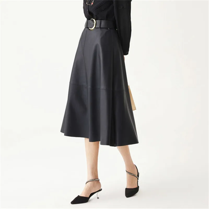 

Женская обувь из PU искусственной кожи в винтажном стиле, А-образного силуэта средней длины юбки с ремнем Новый 2021 зимняя женская черная юбка...