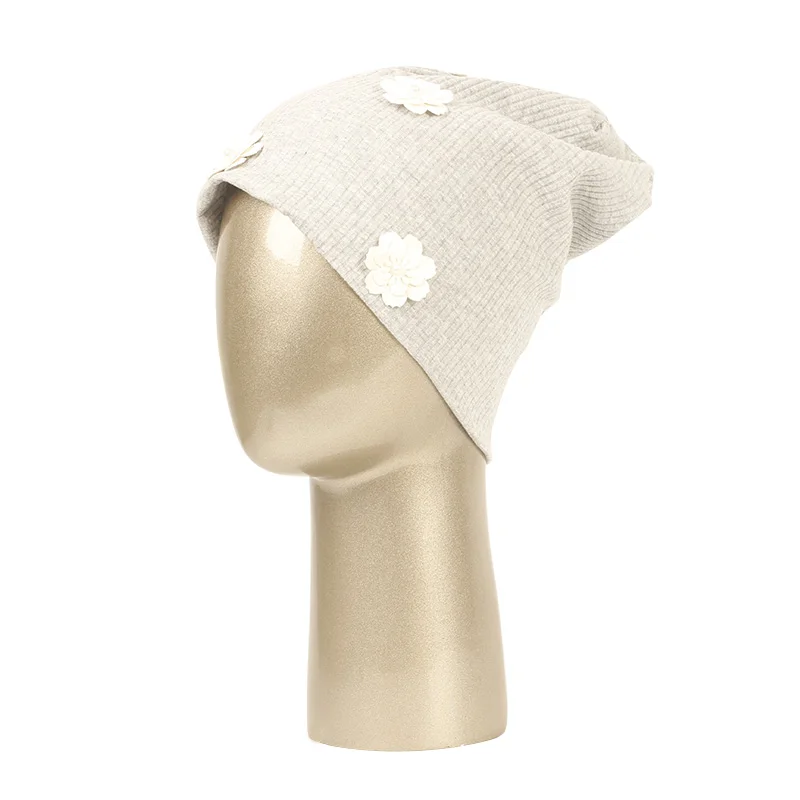 

Geebro Women Cotton Ribbing Soft Beanies Hats Lady Fashion Elastic Solid Color Skullies Cap Baggy With Flower Accessories Bonnet