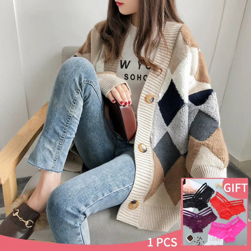 

2021 Women's Sweaters Winter Spring Plaid V-Neck Cardigans Single-breasted Puff Sleeve Checkered Oversize Sweater knitwear Tops