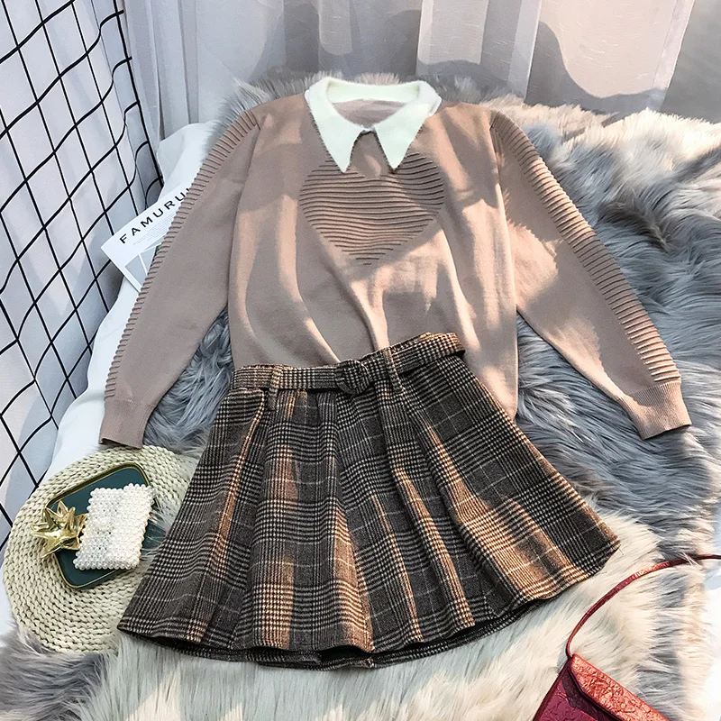 

big yards couture autumn/winter suit pullover sweater belt grid skirt women outfit two pcs leisure suit knitwear
