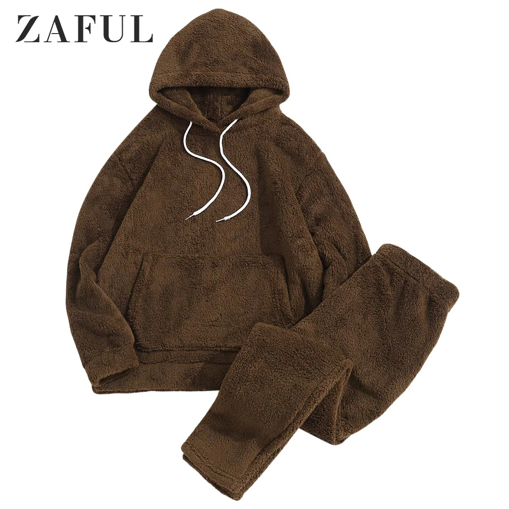 

ZAFUL Solid Front Pocket Fluffy Hoodie and Pants Two Piece Set Casual Men's Sets Winter Warm Plush Hoodies Women Pullovers