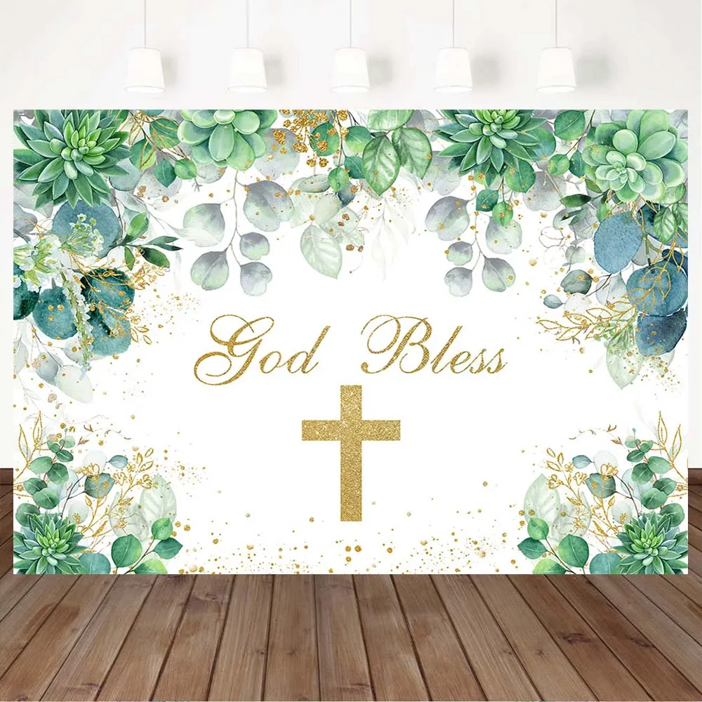

Mocsicka Newborn Baby Baptism Photography Backdrops God Bless Gold Cross Christening Photo Background Green Leaves Banner Props
