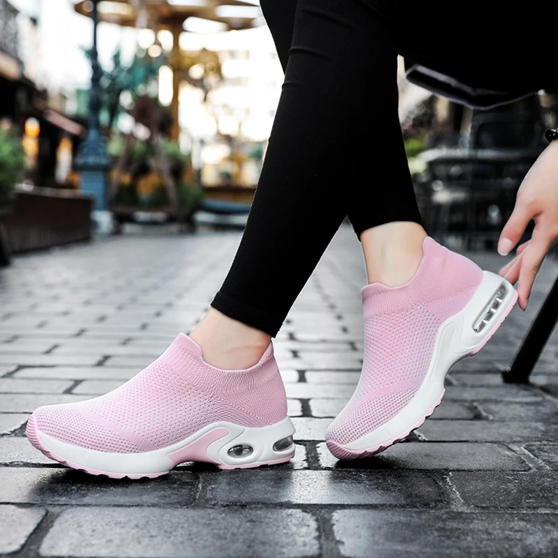 

Women Summer Casual Shoes Plus Size Fly Woven Lightweight Slip On Comfortable Sneakers Air Cushion Female Socks Shoes