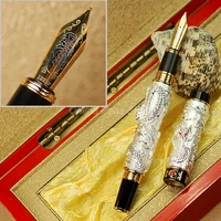 jinhao elegant double dragon playing pearl metal carving embossing heavy pen silver for office school home with gift box