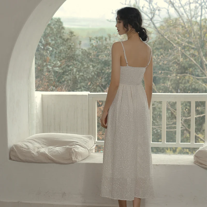 

White Chiffon Maxi Dress Summer New French Retro embroidery Sundress Sexy V-neck Backless Pleated Slim Elegant Dress Women