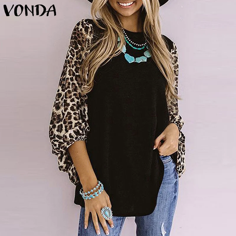 

VONDA Vintage Leopard Print Blouse Women 3/4 Lantern Sleeve Patchwork Autumn Shirts 2021 Elegant Causal Party Tops Tunic Blusas