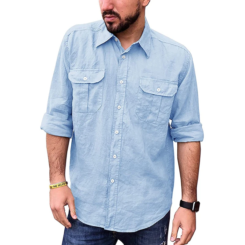 

Autumn Fashion Men Cotton Long Sleeve Solid Loose Shirts Buttons Turn-down Collar Shirt Men Cardigan Tops New Casual Streetwear