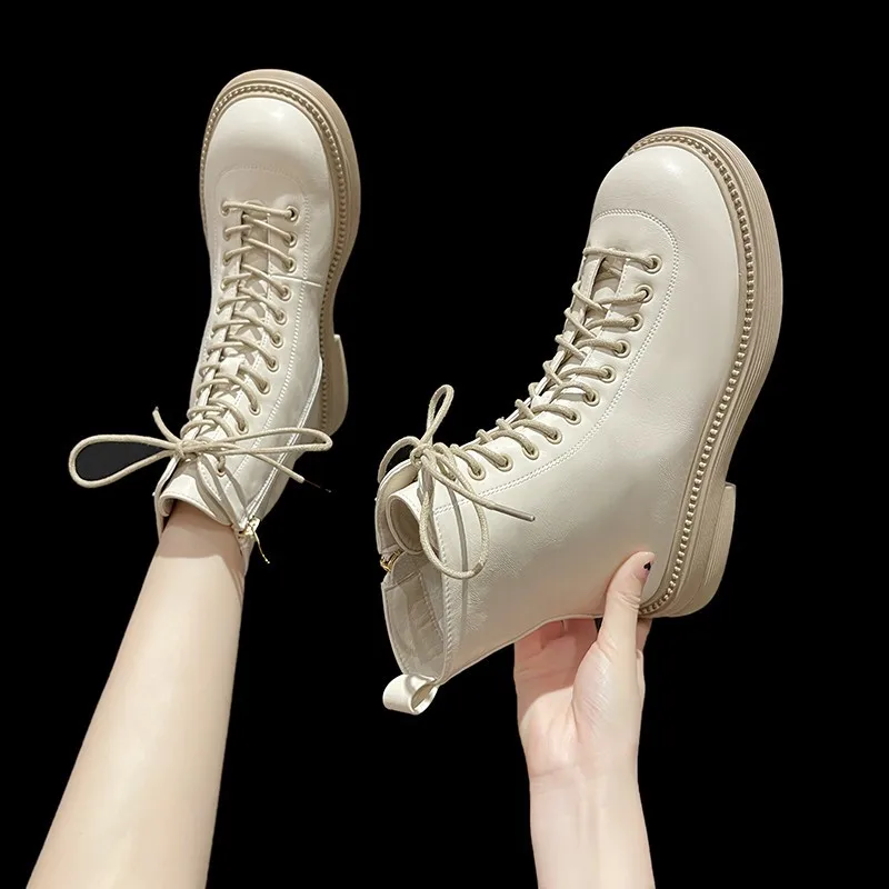 Winter platform boots Ladies sneakers High-top casual shoes Platform lace-up ankle boots Warm white Botas Mujer