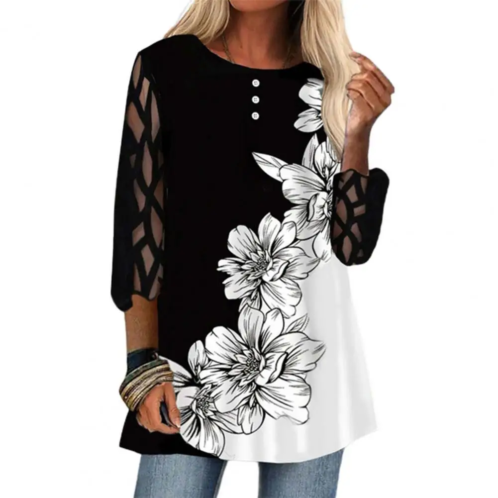 

Useful Women Blouse Three-quarter Sleeve 6 Sizes Pullover Blouse Flower Printed Crewneck Women Blouse