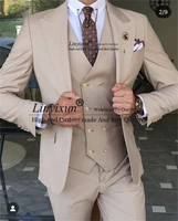 beige solid wide peak lapel men suits 3 piece groom wedding tuxedos business terno masculino prom party blazer vest pants %d0%ba%d0%be%d1%81%d1%82%d1%8e%d0%bc
